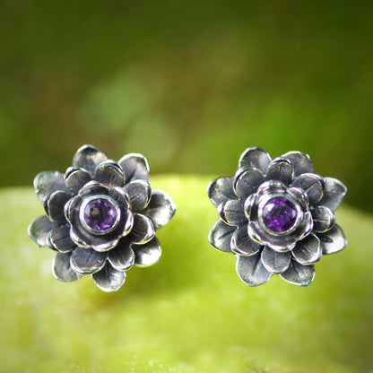 Lilac-Eyed Lotus Artisan Crafted Floral Amethyst Button Earrings