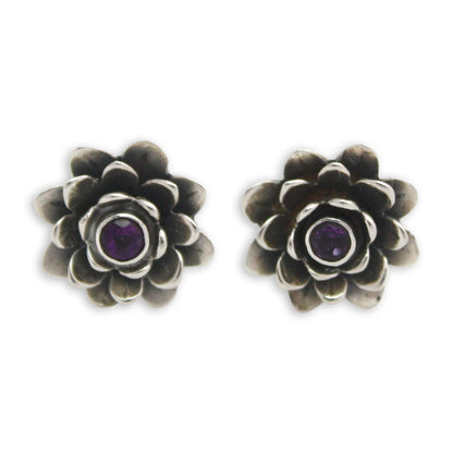 Lilac-Eyed Lotus Artisan Crafted Floral Amethyst Button Earrings