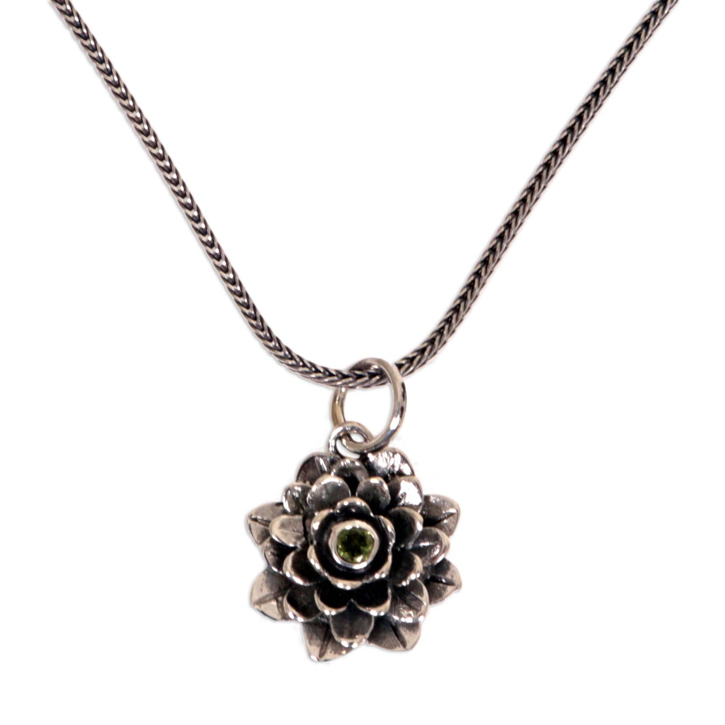 Sacred Green Lotus Floral Sterling Silver and Peridot Pendant Necklace