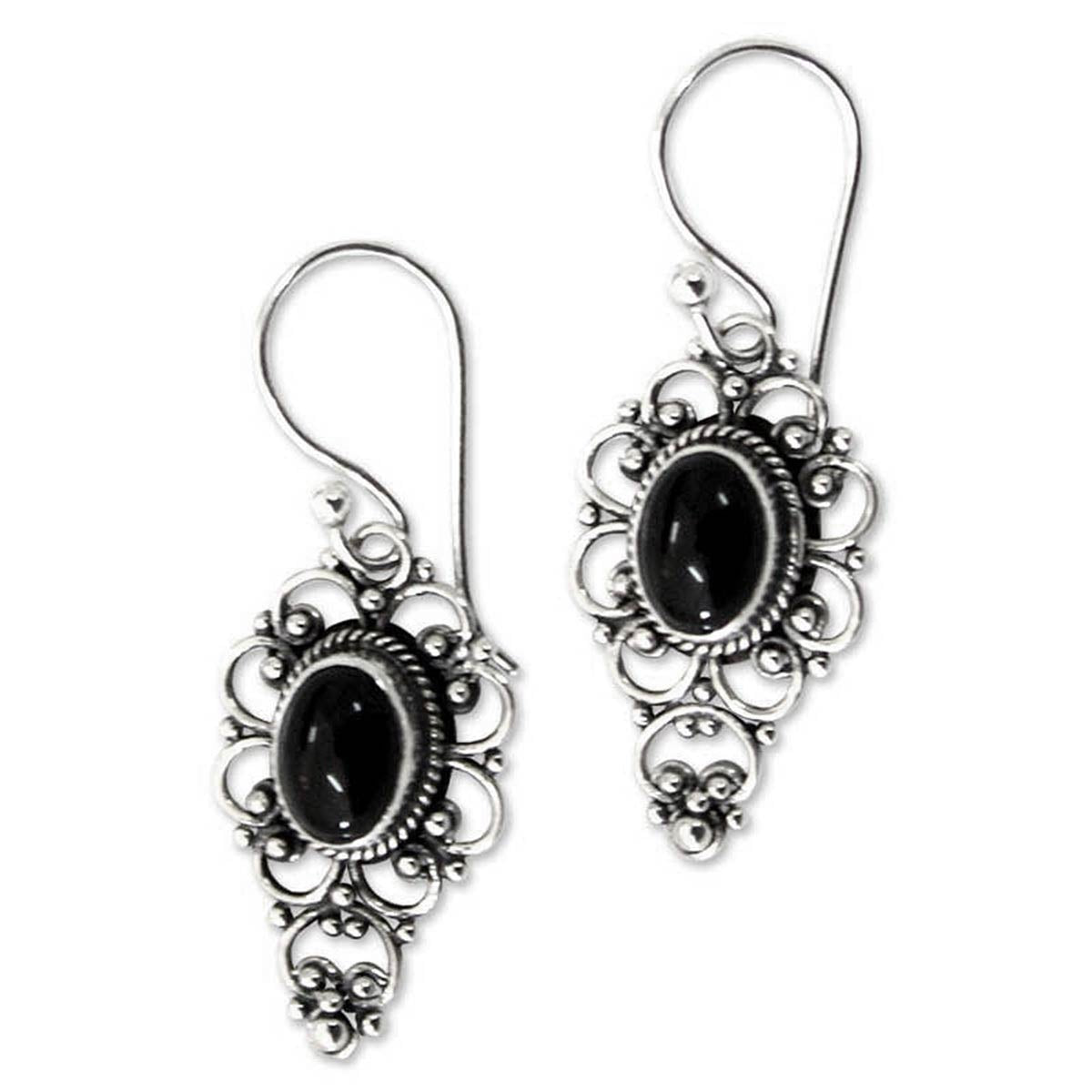 Precious Night Onyx Cabochon Dangle Earrings