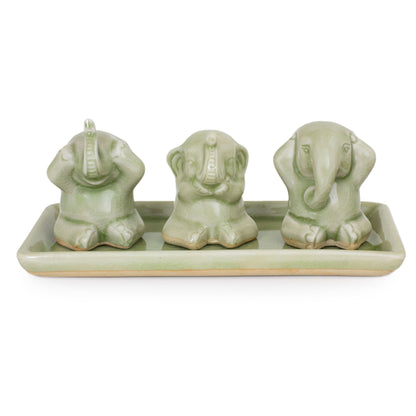 Elephant Life Lessons Celadon ceramic figurines (Set of 3)