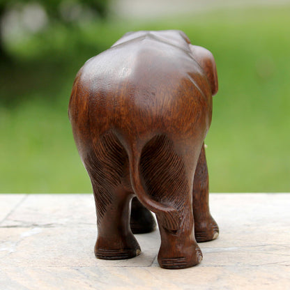 Gentle Thai Elephant Artisan Carved Rain Tree Wood Sculpture