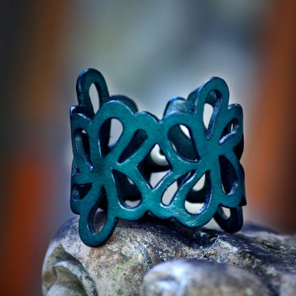 Dark Teal Petals Leather Cuff Bracelet