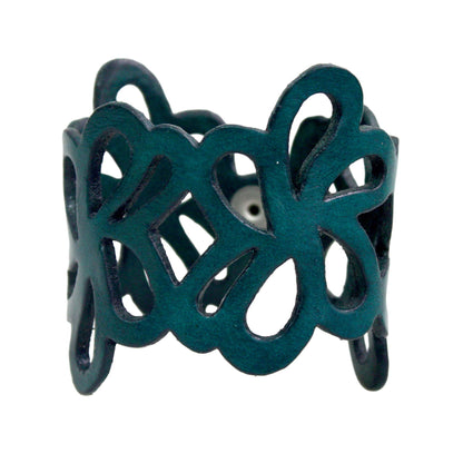 Dark Teal Petals Leather Cuff Bracelet