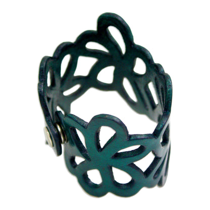 Dark Teal Petals Leather Cuff Bracelet