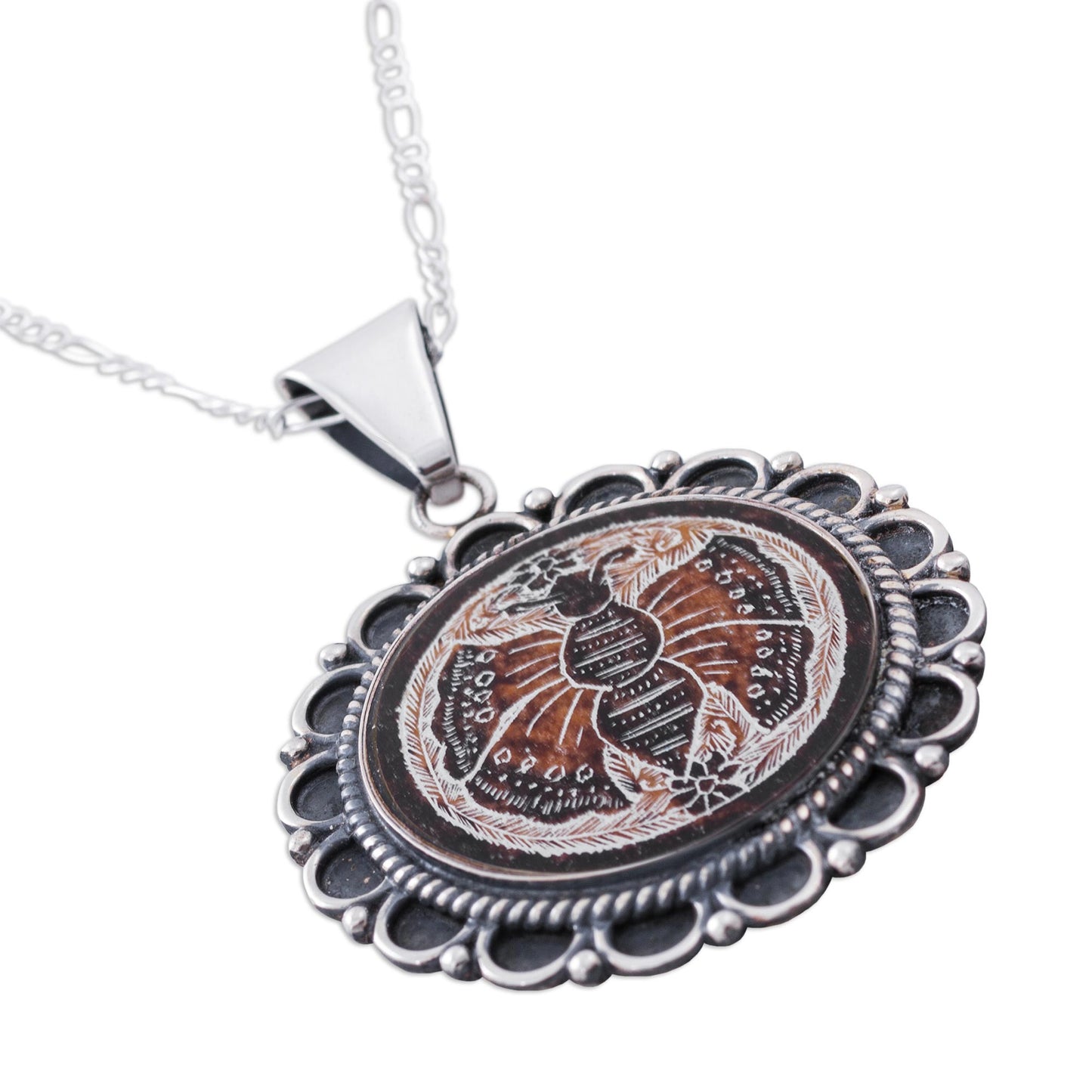 Sunflower Butterfly Peruvian Mate Gourd Pendant Necklace