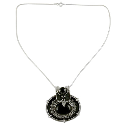 Traditional Chic Onyx Pendant Necklace in Oxidized Sterling Silver from India