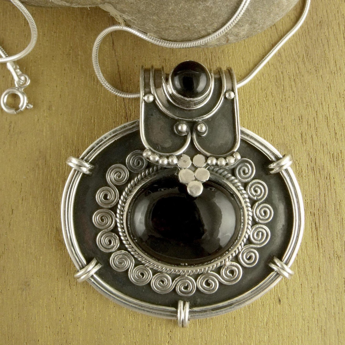 Traditional Chic Onyx Pendant Necklace in Oxidized Sterling Silver from India