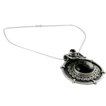 Traditional Chic Onyx Pendant Necklace in Oxidized Sterling Silver from India