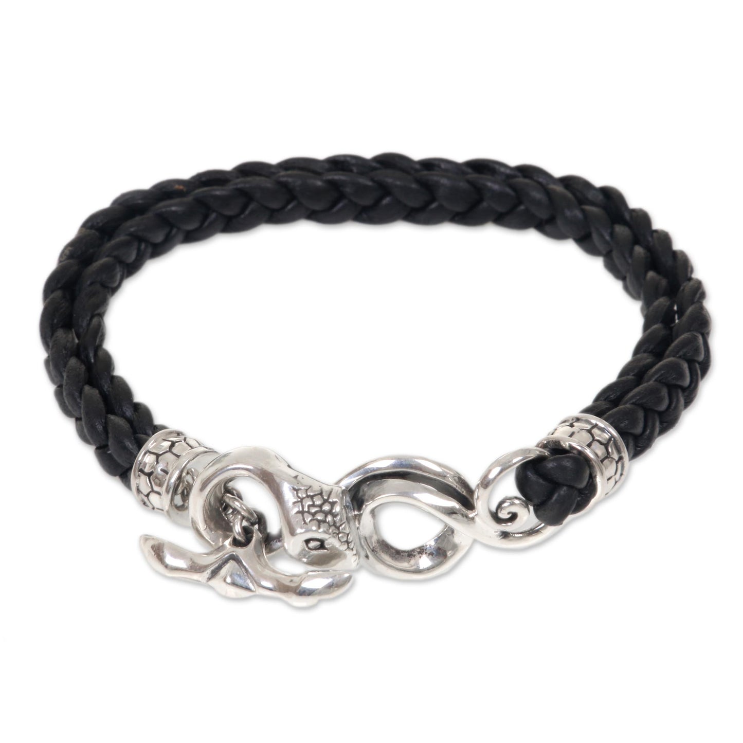 Cobra Men's Black Leather Bracelet with Silver Snake Clasp