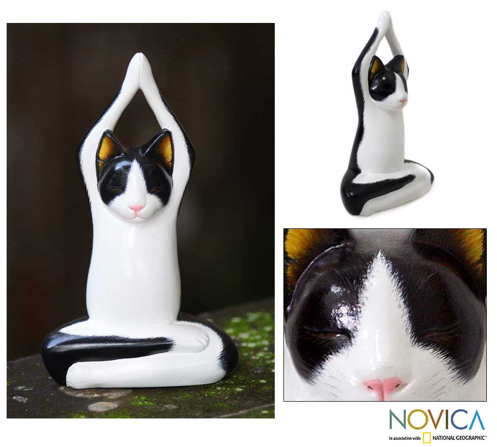 Toward The Sky Yoga Tuxedo Cat Wood Sculpture