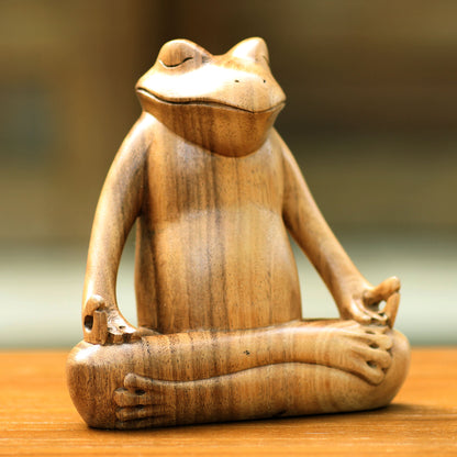 Frog Meditates Suar Wood Sculpture