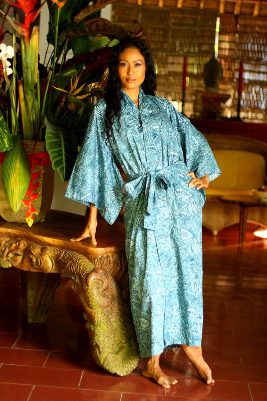 Blue Forest Artisan Crafted Long Batik Cotton Robe for Women