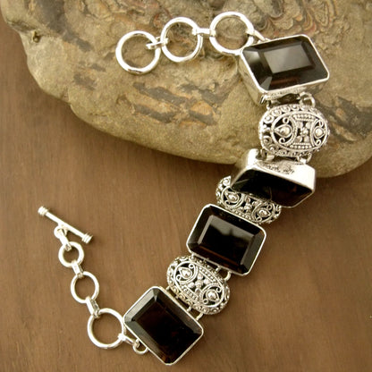 Song of India India Sterling Silver Wristband Bracelet with Smoky Quartz