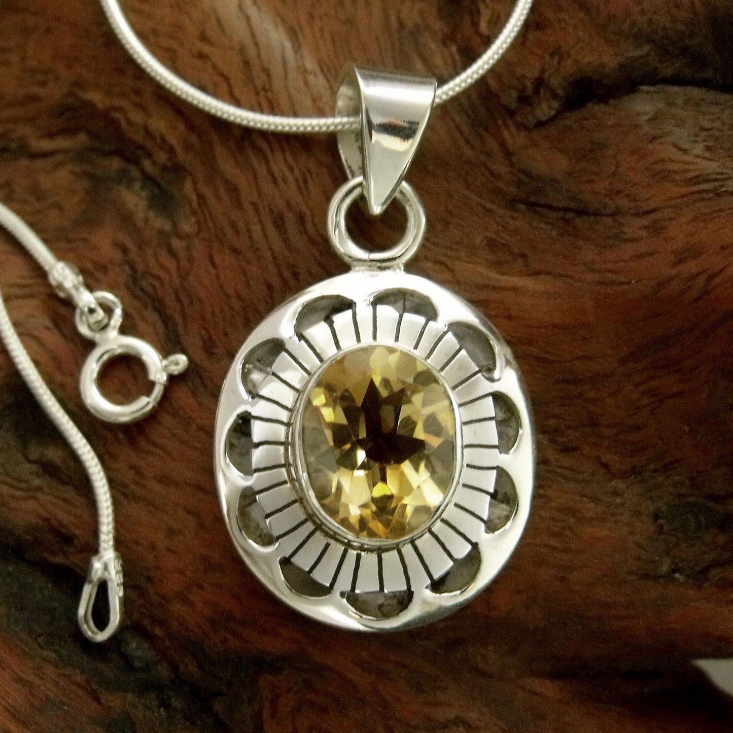 Sun Halo Sterling Silver Necklace with Citrine from India Jewelry