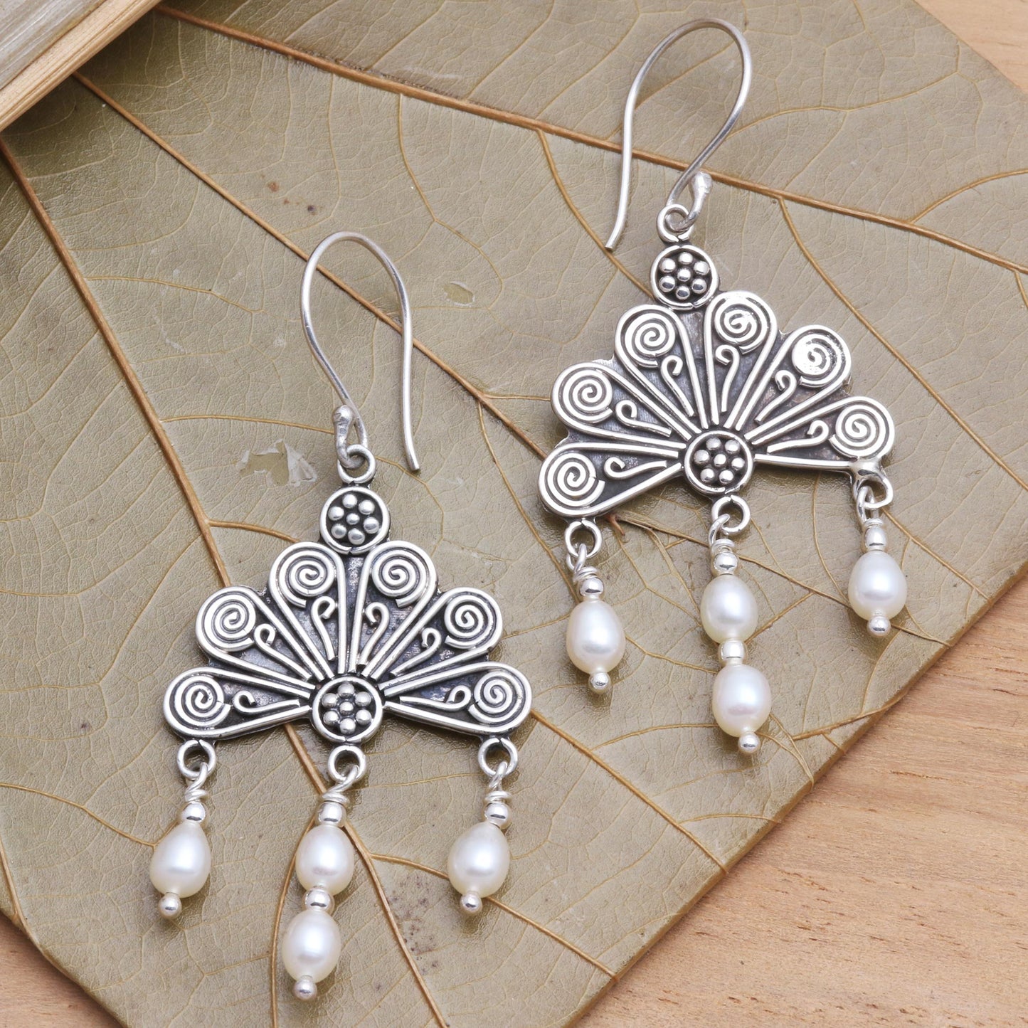 Pink Fan Sterling Silver and Pearl Chandelier Earrings