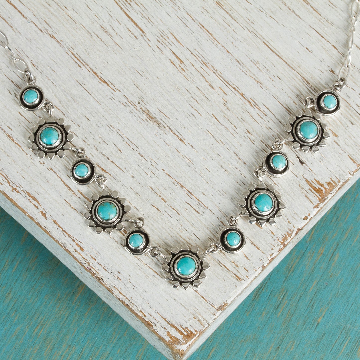 Aztec Star Handmade Floral Sterling Silver Natural Turquoise Necklace