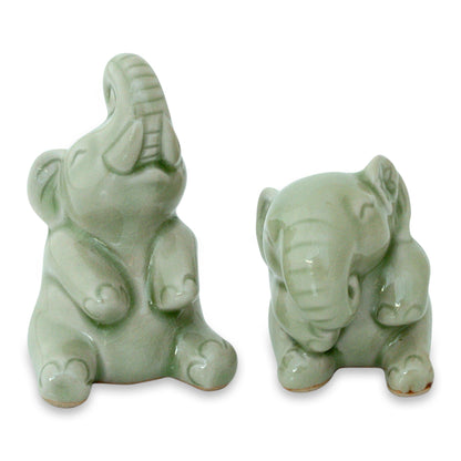 Happy Green Elephants Hand Made Celadon Ceramic Sculptures (Pair)