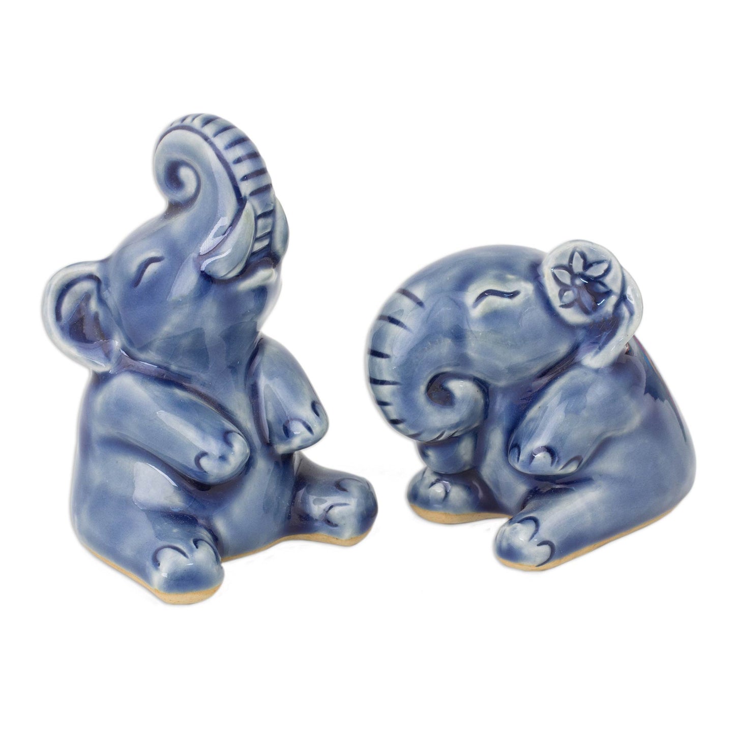 Happy Blue Elephants Hand Crafted Celadon Ceramic Sculptures (Pair)