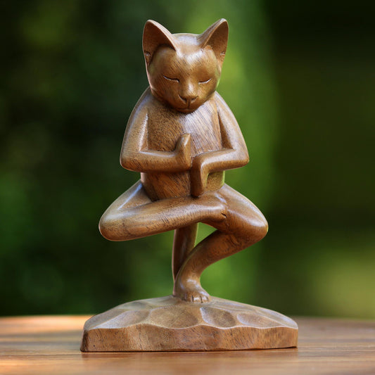Vrkasana Yoga Kitty Wood Sculpture