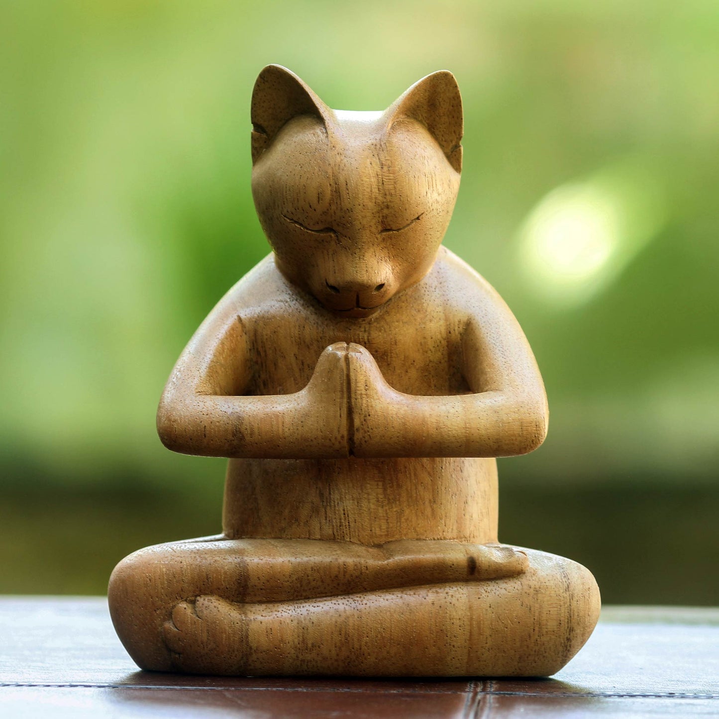 Kitty Cat Prayer Suar Wood Yoga Sculpture