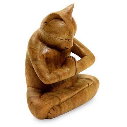 Kitty Cat Prayer Suar Wood Yoga Sculpture