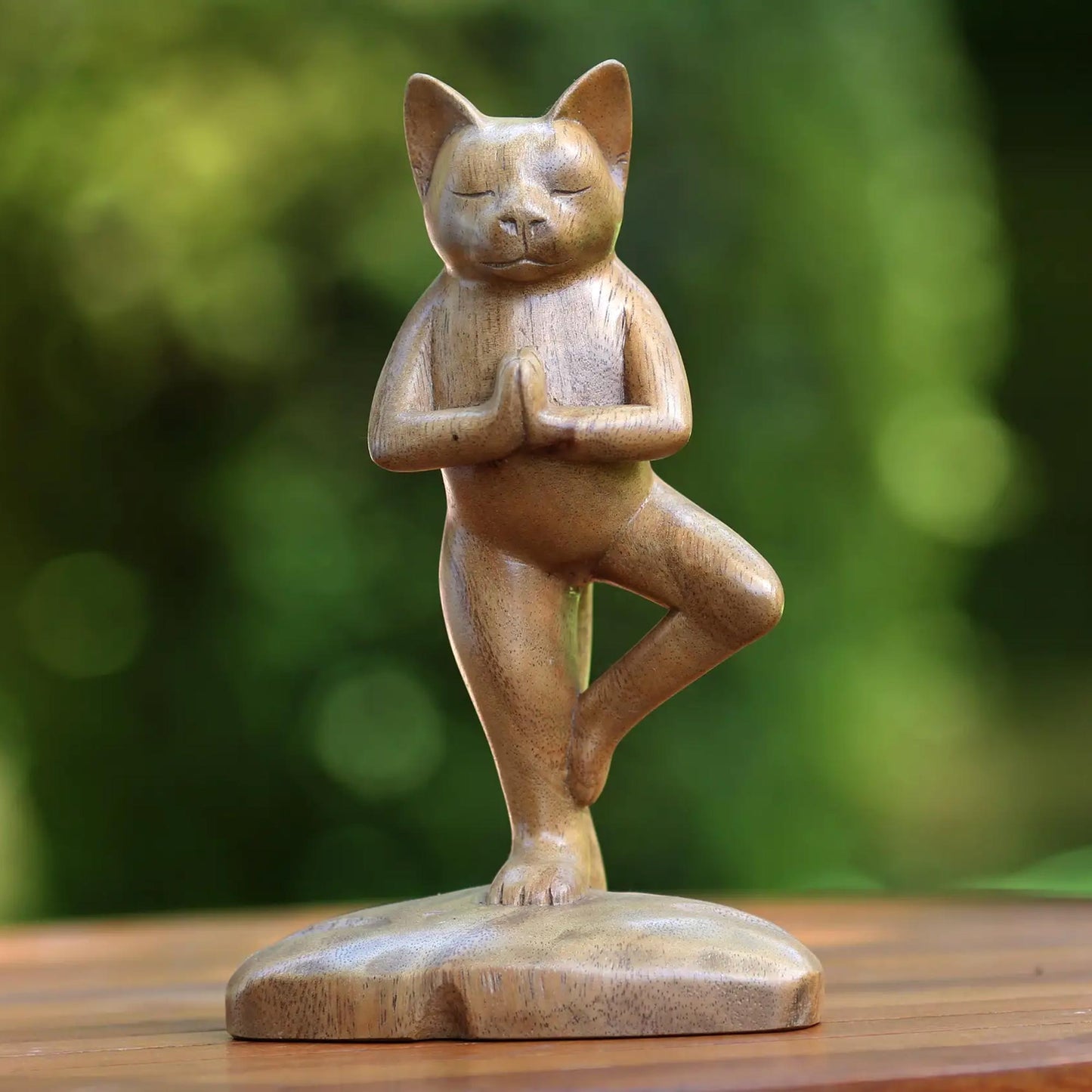 Tree Pose Yoga Cat Original Wood Statuette