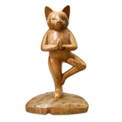 Tree Pose Yoga Cat Original Wood Statuette