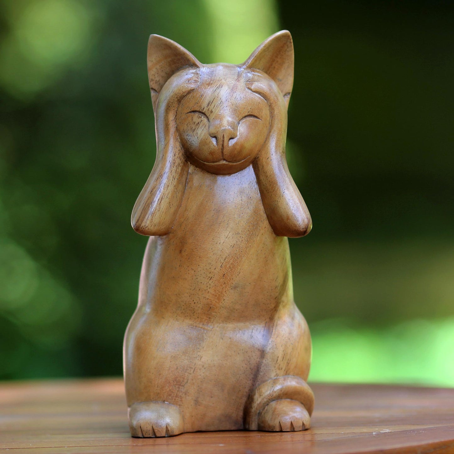 Hear No Evil Cat Wood Animal Sculpture