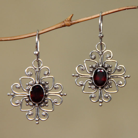 Radiant Blossom Hand Made Garnet and Sterling Silver Dangle Earrings