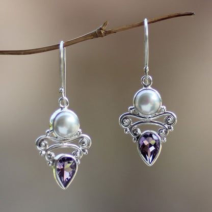 Guardian Moon Amethyst White Pearl Silver Bridal Earrings