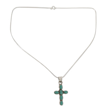 Sky Blue Cross Turquoise Colored Cross Sterling Silver Pendant  Necklace