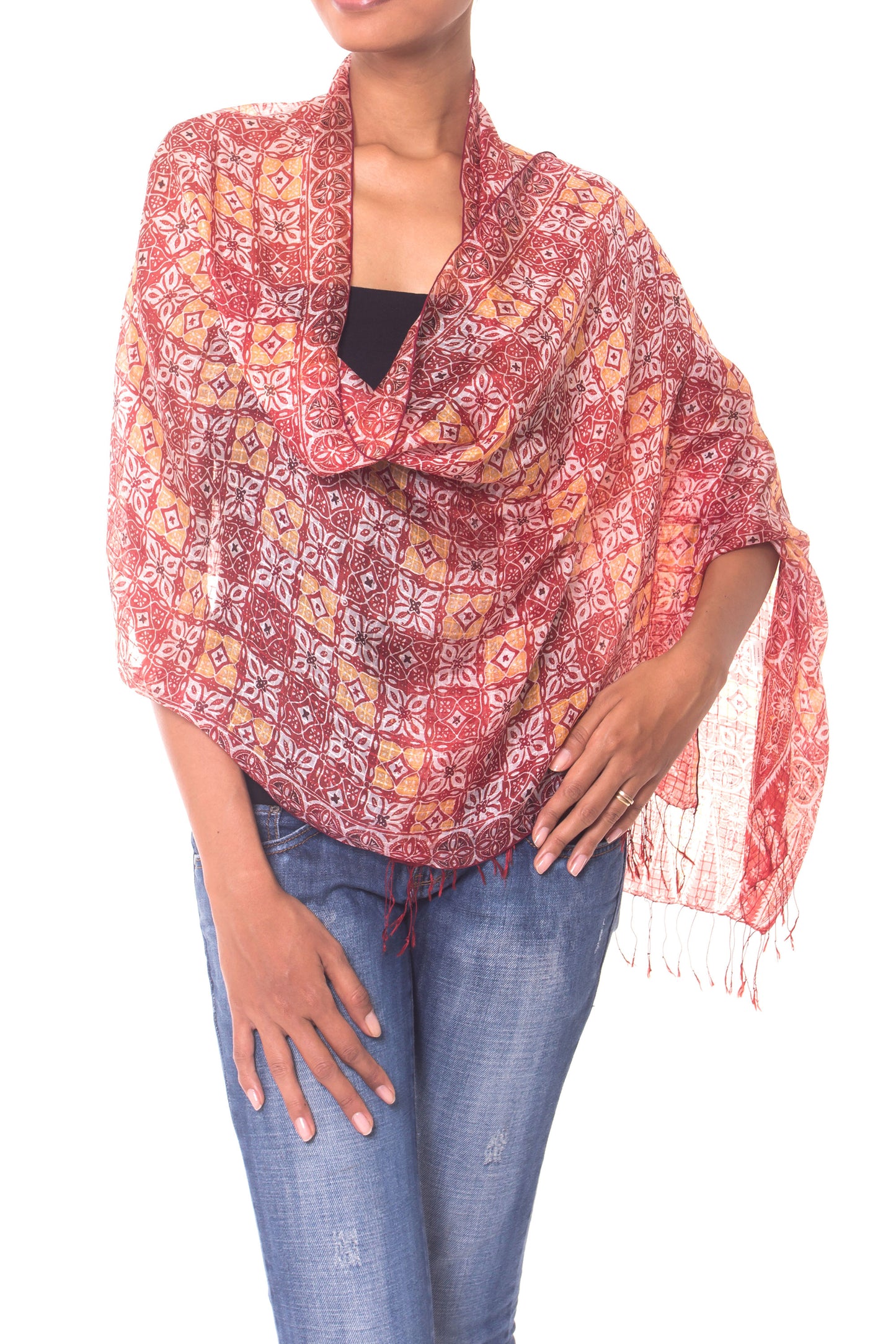 Red Lotus Floral Hand Crafted Batik Silk Shawl