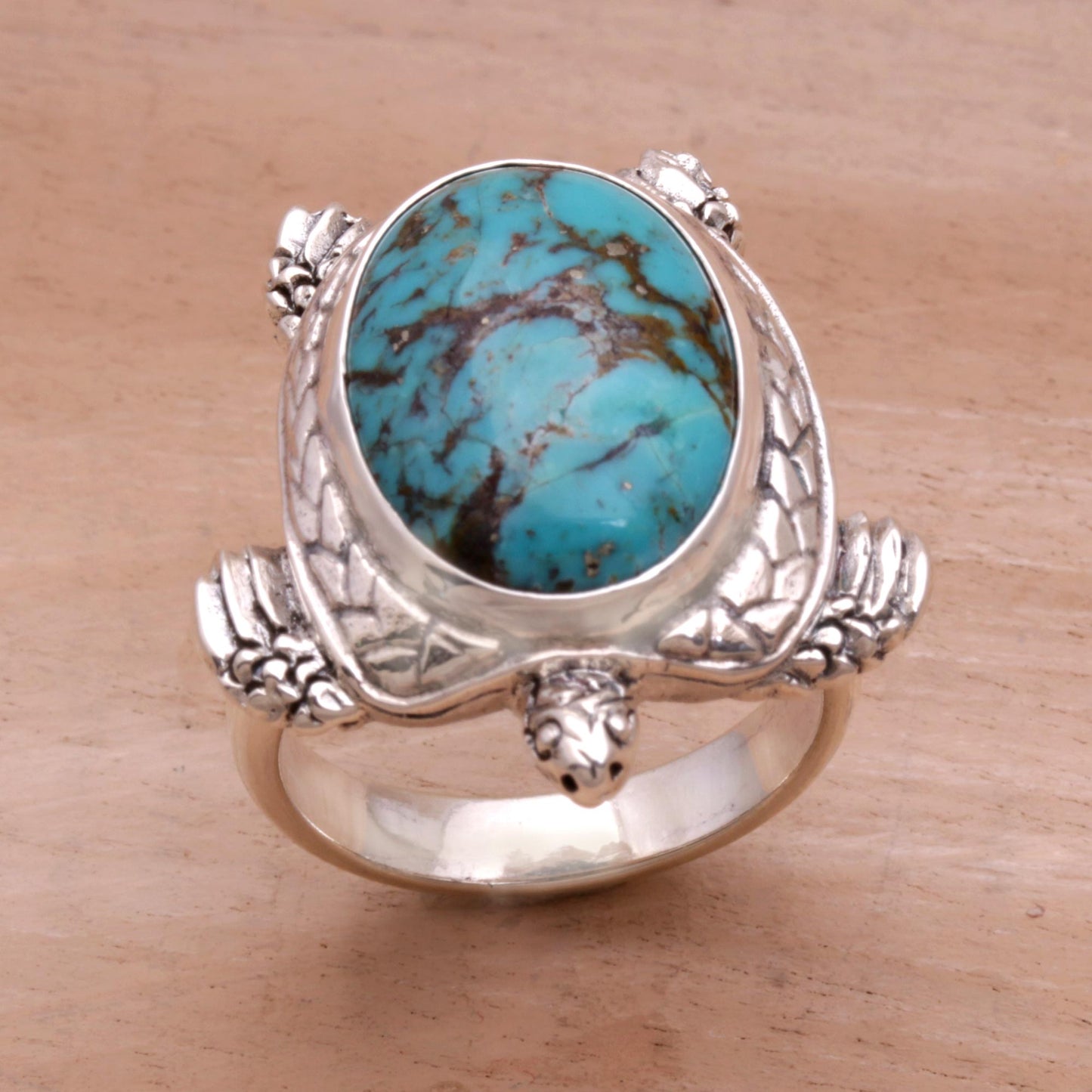 Chelonia Turtle Men's Sterling Silver and Reconstituted Turquoise Ring