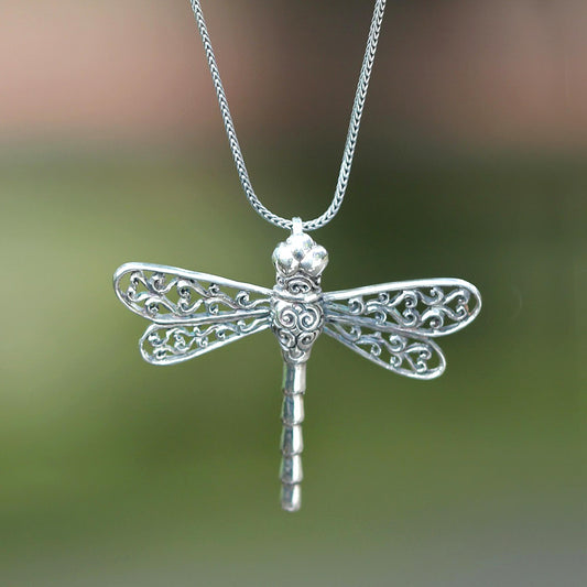 Lucky Dragonfly Sterling Silver Pendant Necklace