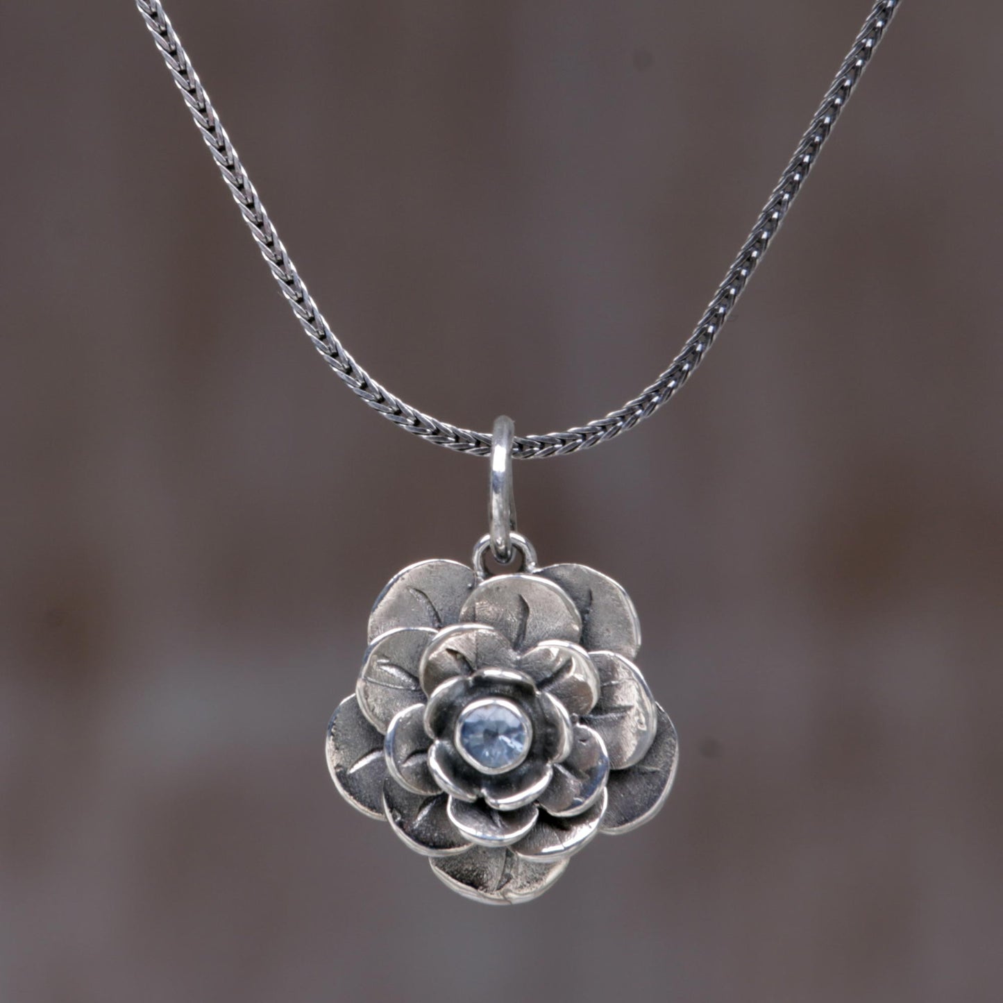 Holy Lotus Handcrafted Floral Silver and Blue Topaz Necklace