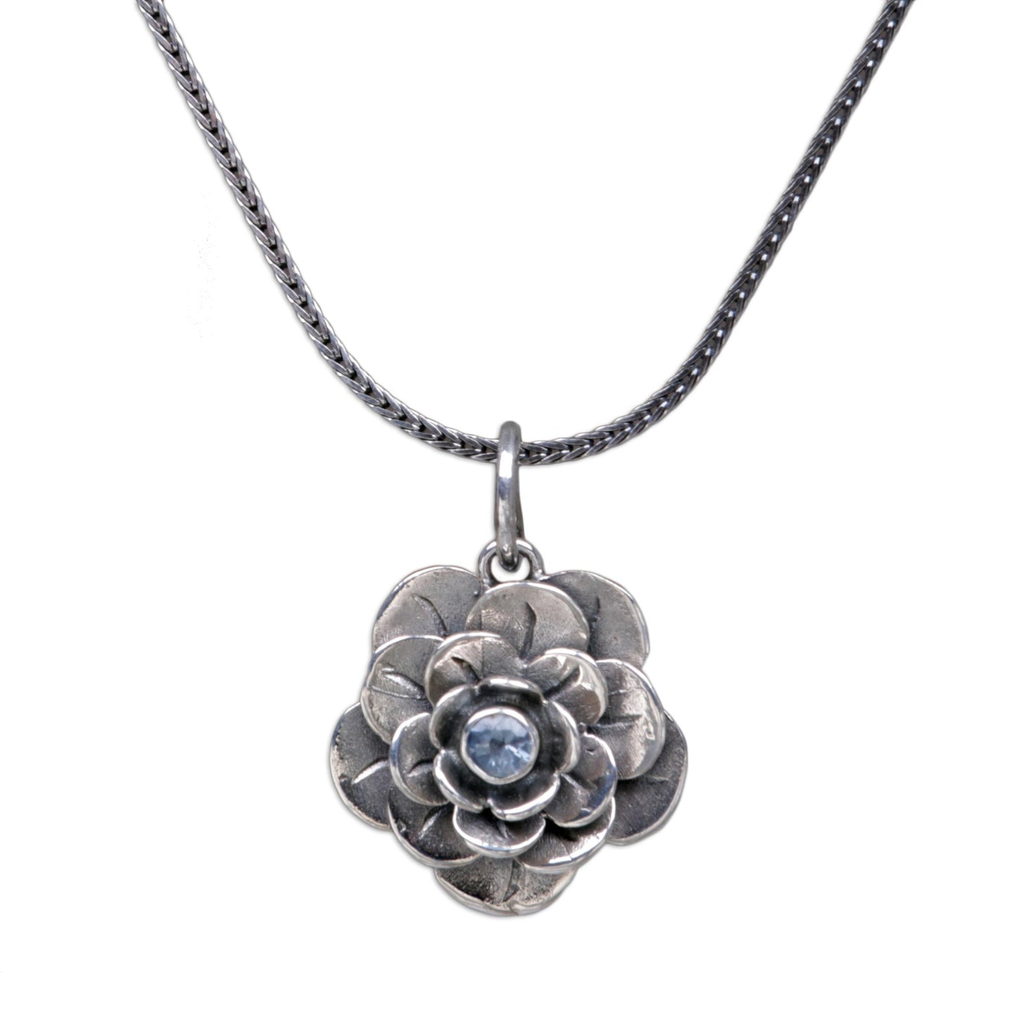 Holy Lotus Handcrafted Floral Silver and Blue Topaz Necklace