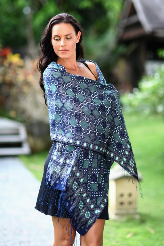 Java Starlight Fair Trade Batik Silk Patterned Blue Shawl