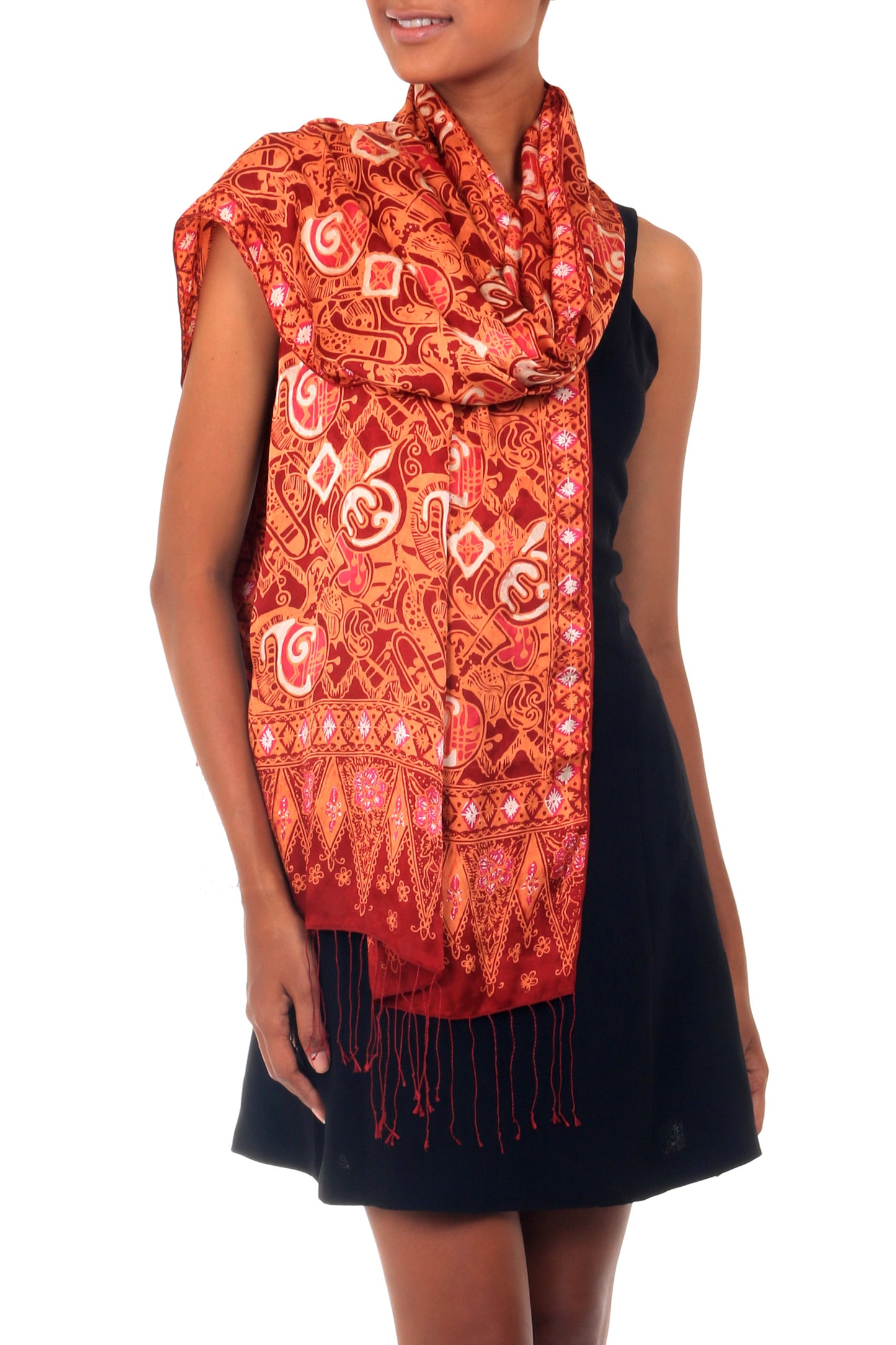 Red Modern Art Handmade Silk Batik Shawl