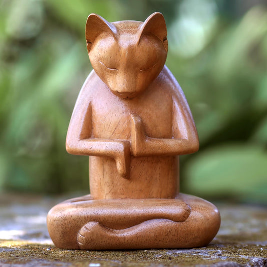 Full Lotus Cat Wood sculpture