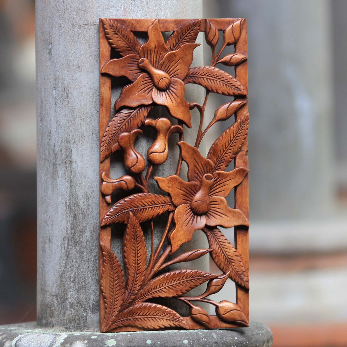 Balinese Orchids Floral Wood Wall Sculpture