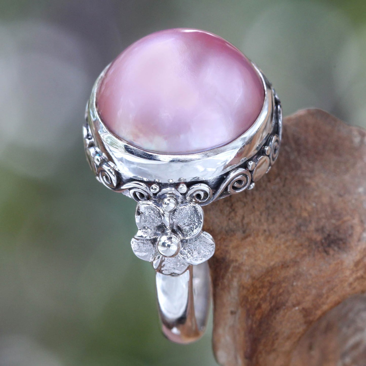 NOVICA - Handcrafted Pearl & Sterling Silver Flower Ring