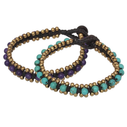 Blue Purple Aryuveda Hand Made Quartz and Resin Beaded Bracelets (Pair)