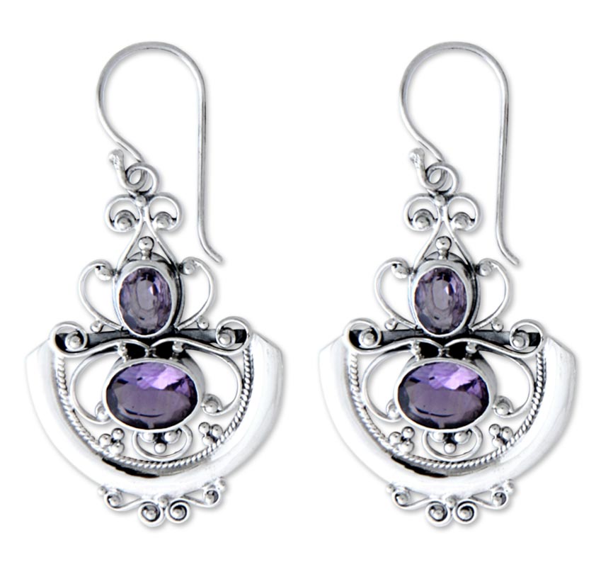 Balinese Goddess Sterling Silver and Amethyst Dangle Earrings