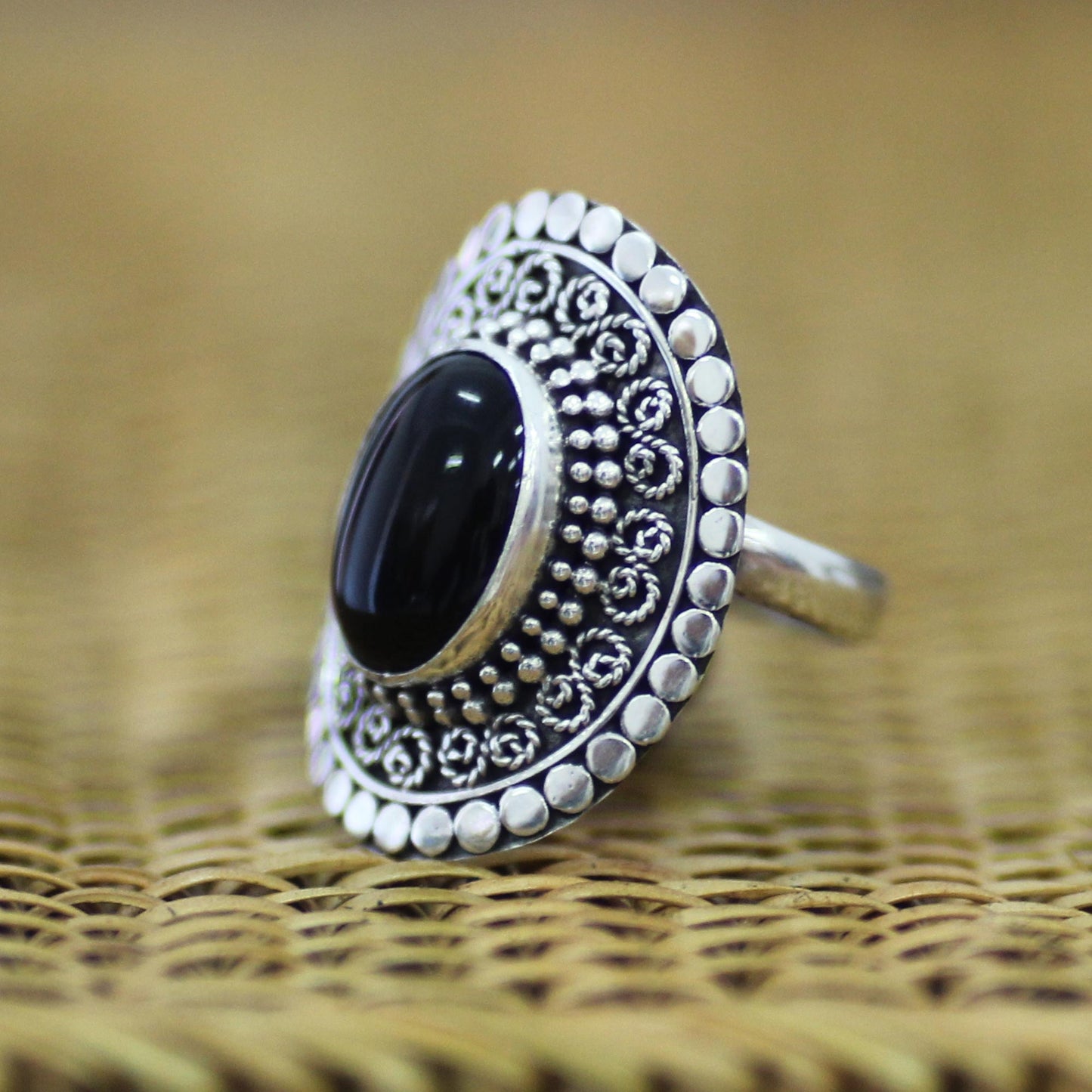 Majesty Halo Sterling Silver and Onyx Cocktail Ring