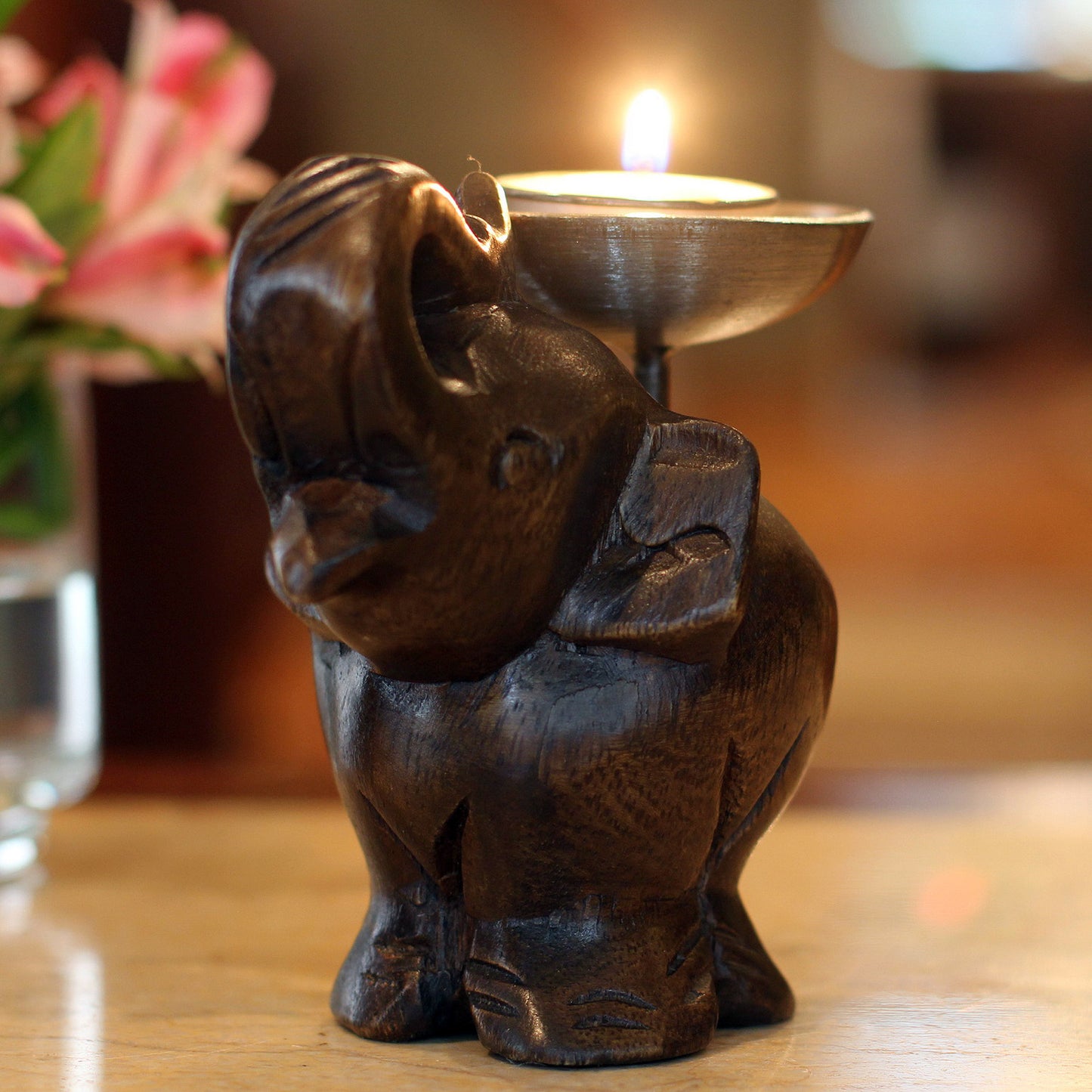 Elephant of Old Siam Fair Trade Mango Wood Candle Holder