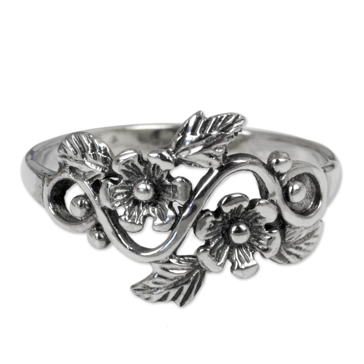 NOVICA - Sterling Silver Flower And Leaf Band Ring