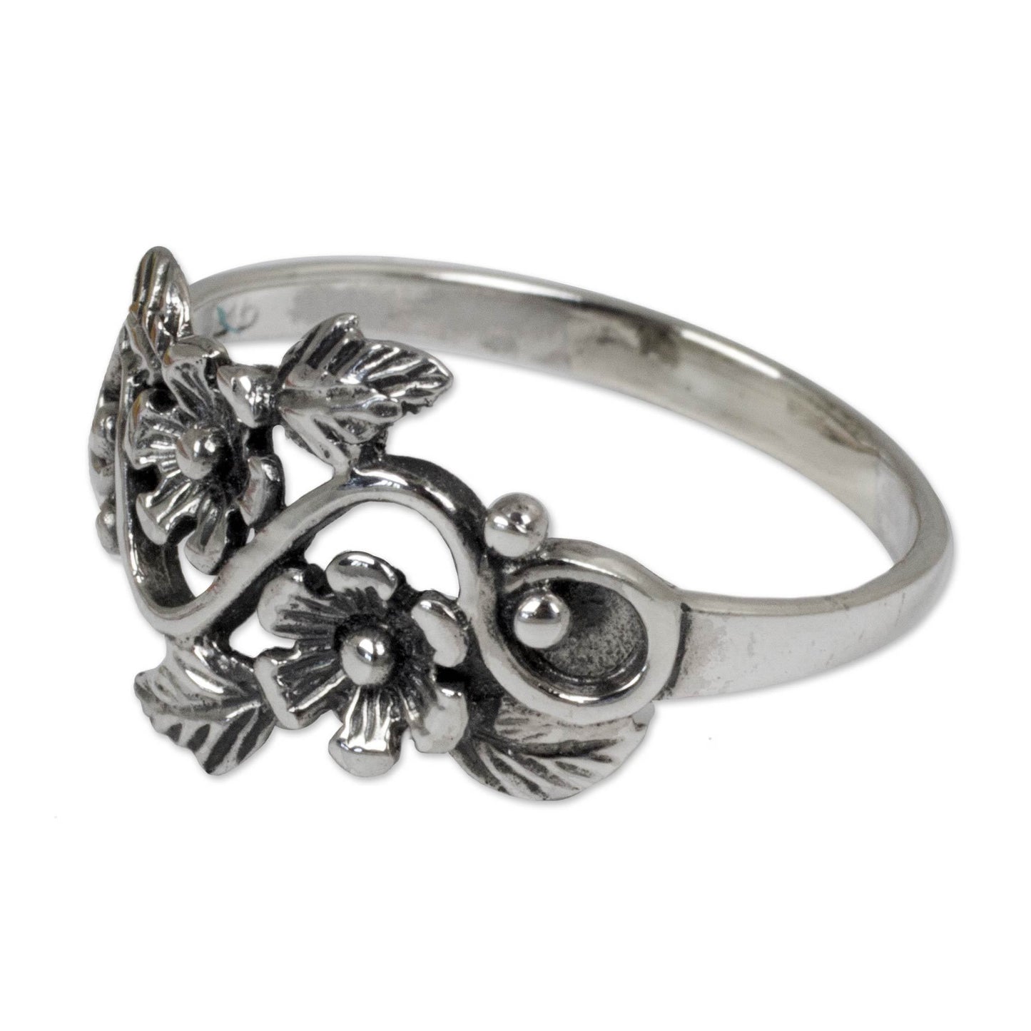 NOVICA - Sterling Silver Flower And Leaf Band Ring