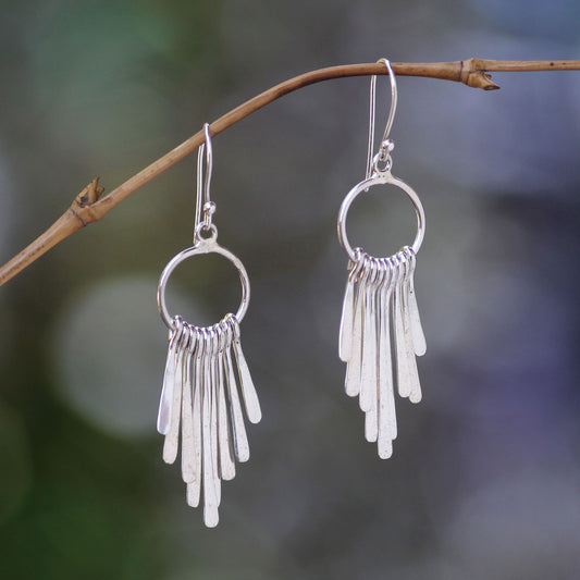 Feather Cascade Silver Chandelier Earrings