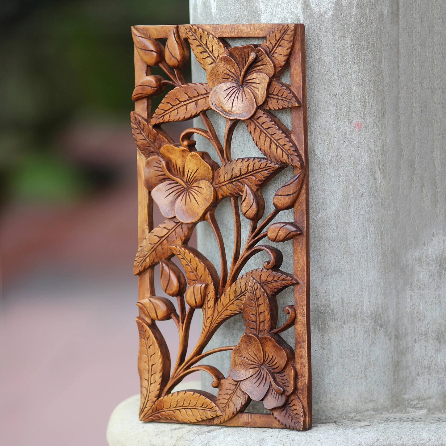 Sweet Balinese Hibiscus Artisan Crafted Floral Wood Relief Panel